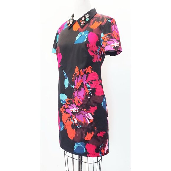 Trina Turk Womens Black Bright Floral Print Jeweled Collar Shift Dress 10 - Picture 4 of 11